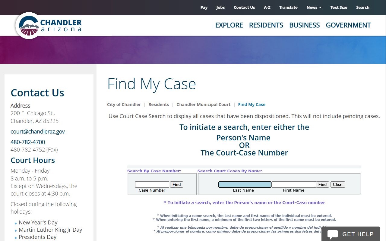 Chandler Municipal Court case search tool for finding records