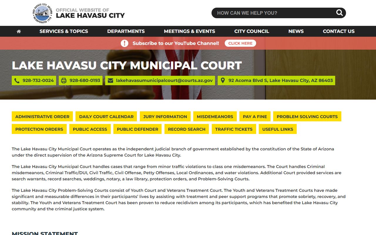 Lake Havasu City Municipal Court website for criminal records