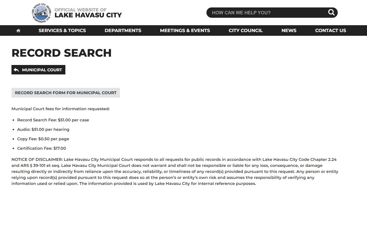 Lake Havasu City Municipal Court record search information