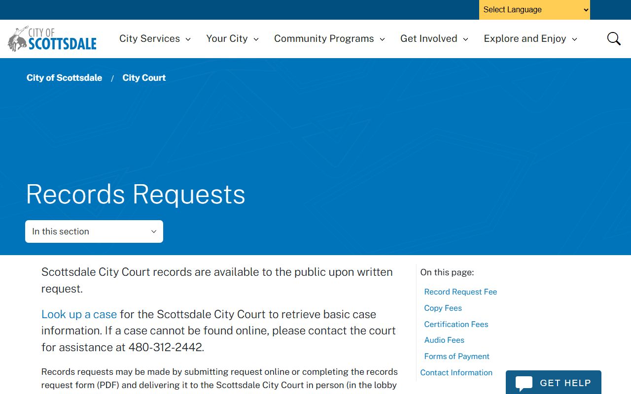 Scottsdale City Court records request information and procedures