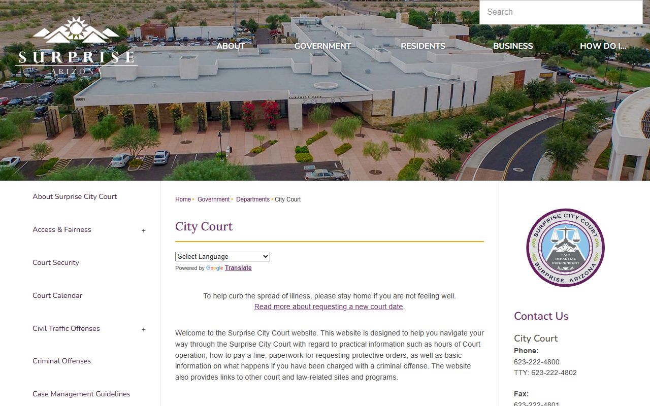 Surprise City Court website for criminal records access