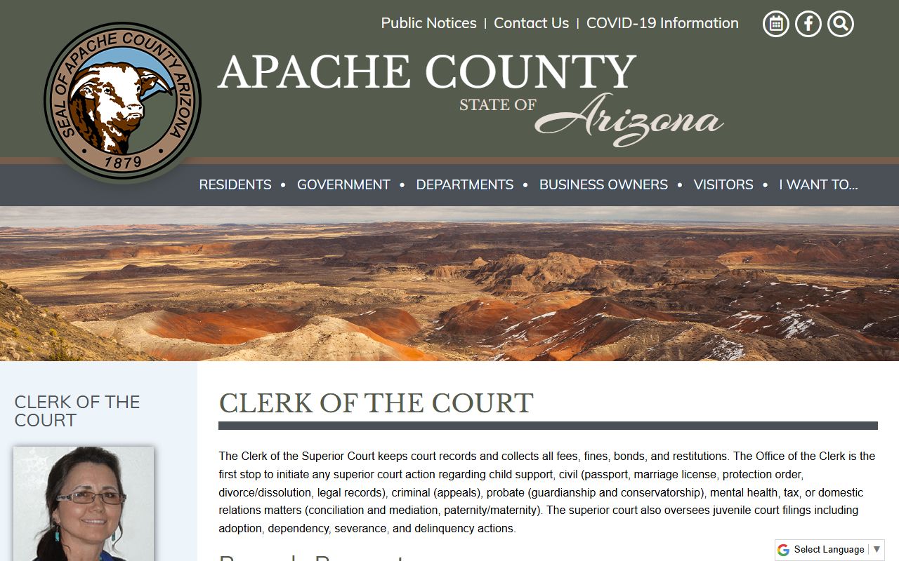 Apache County Clerk of the Court website for criminal records access