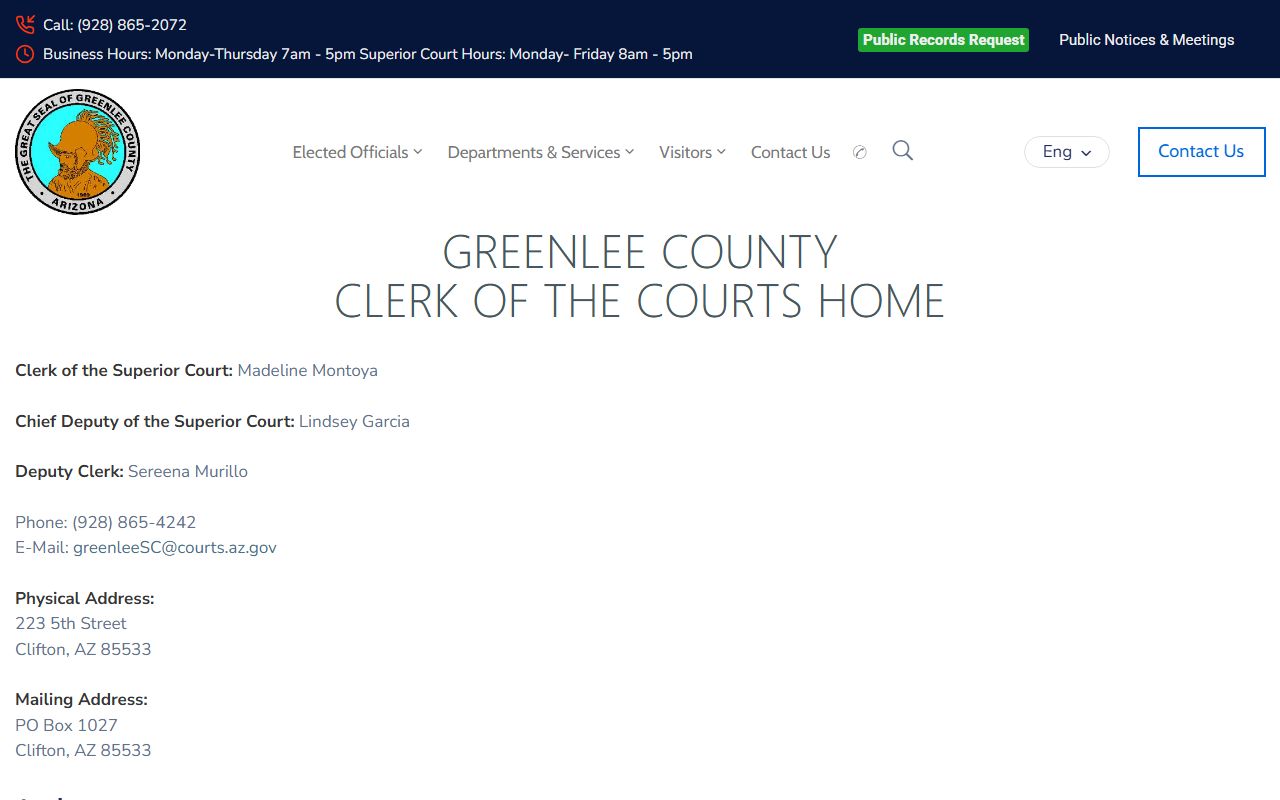 Greenlee County Clerk of Courts website for criminal records access