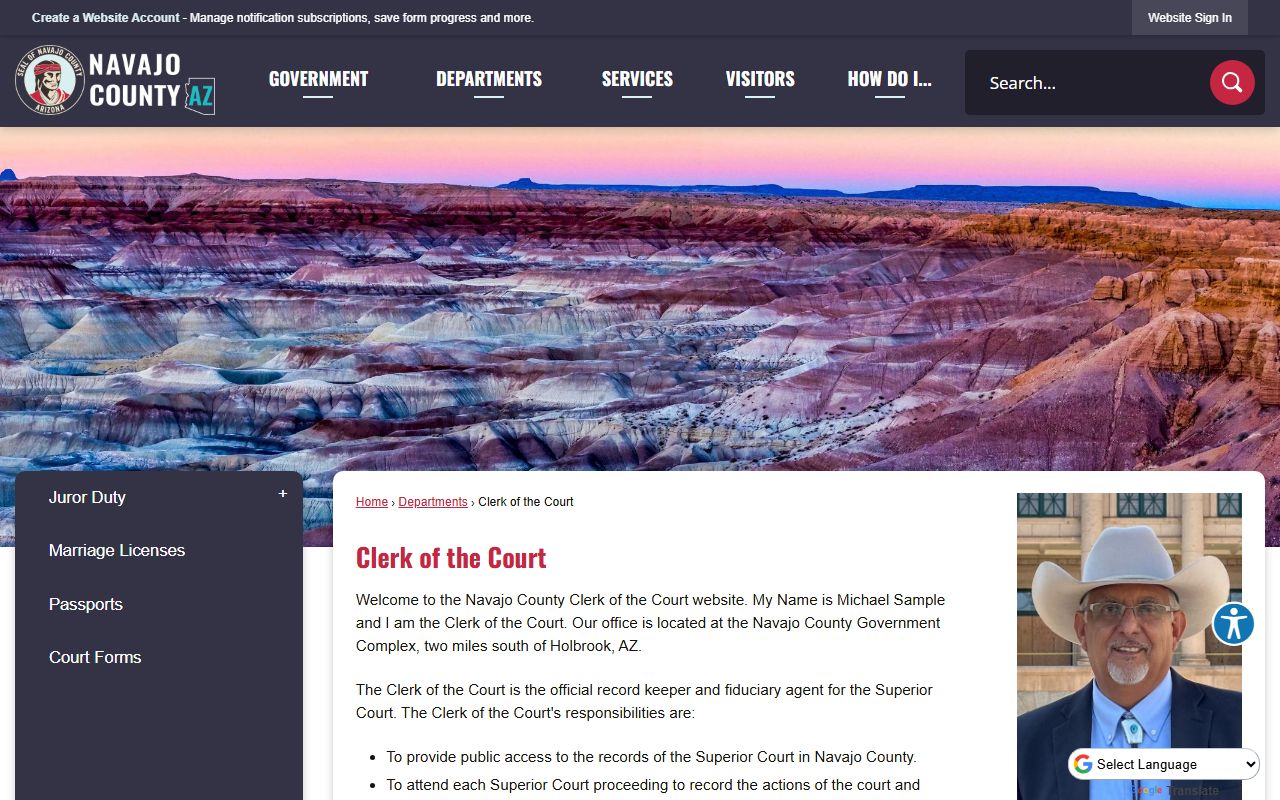 Navajo County Clerk of the Court website for criminal records access