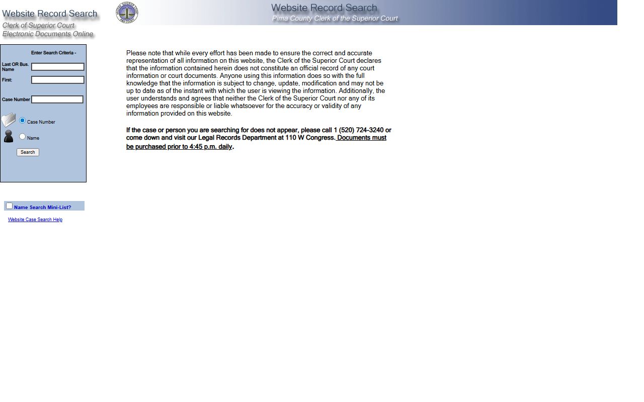 Pima County Agave Online portal for searching criminal court records