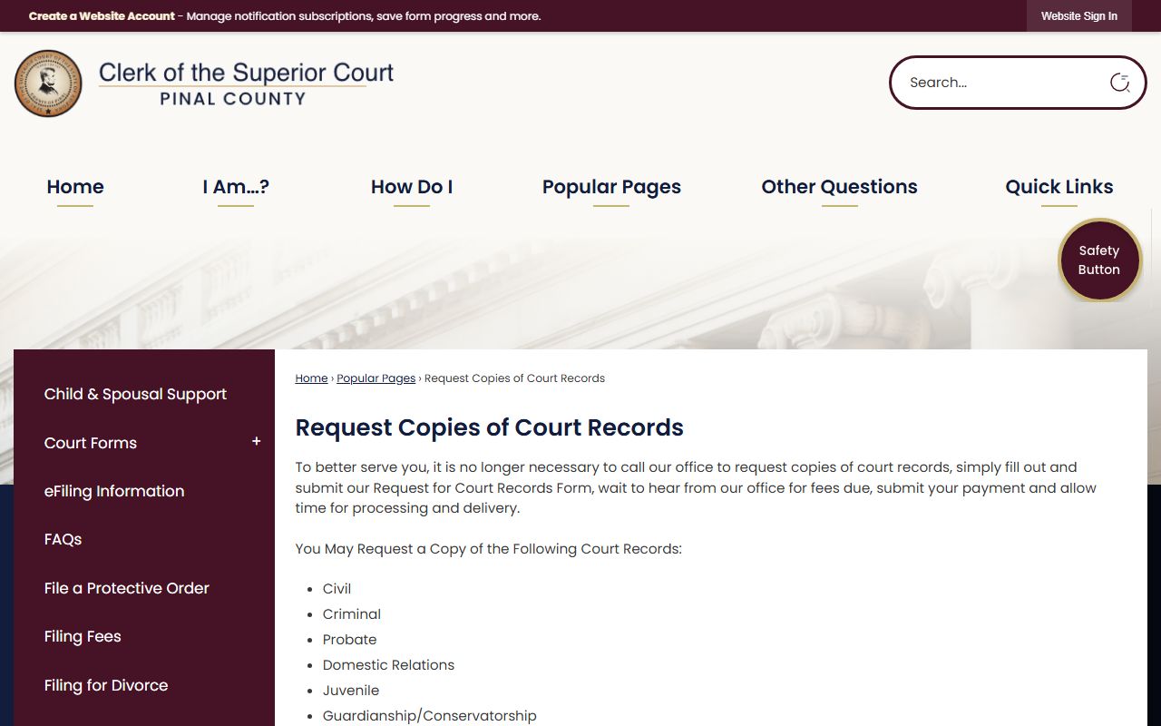 Pinal County records request page for obtaining court documents