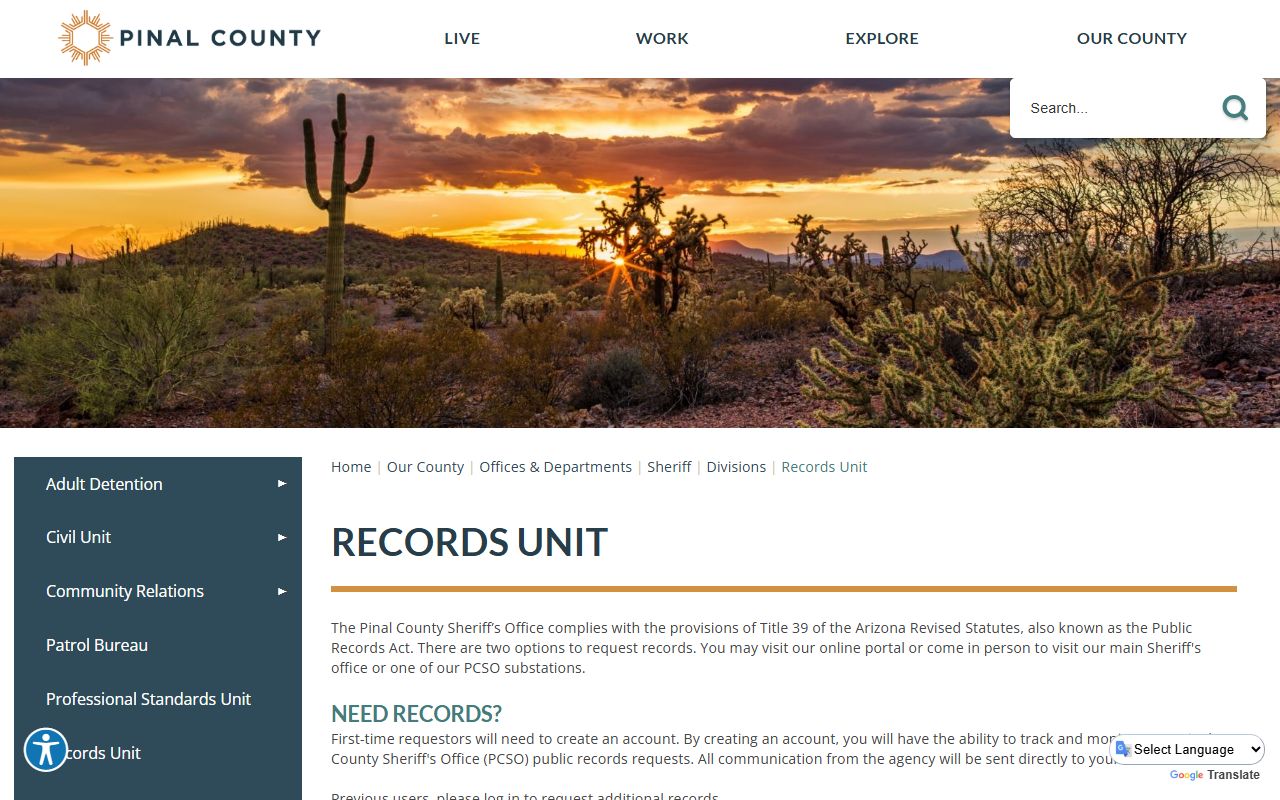 Pinal County Sheriff Records Unit for law enforcement records