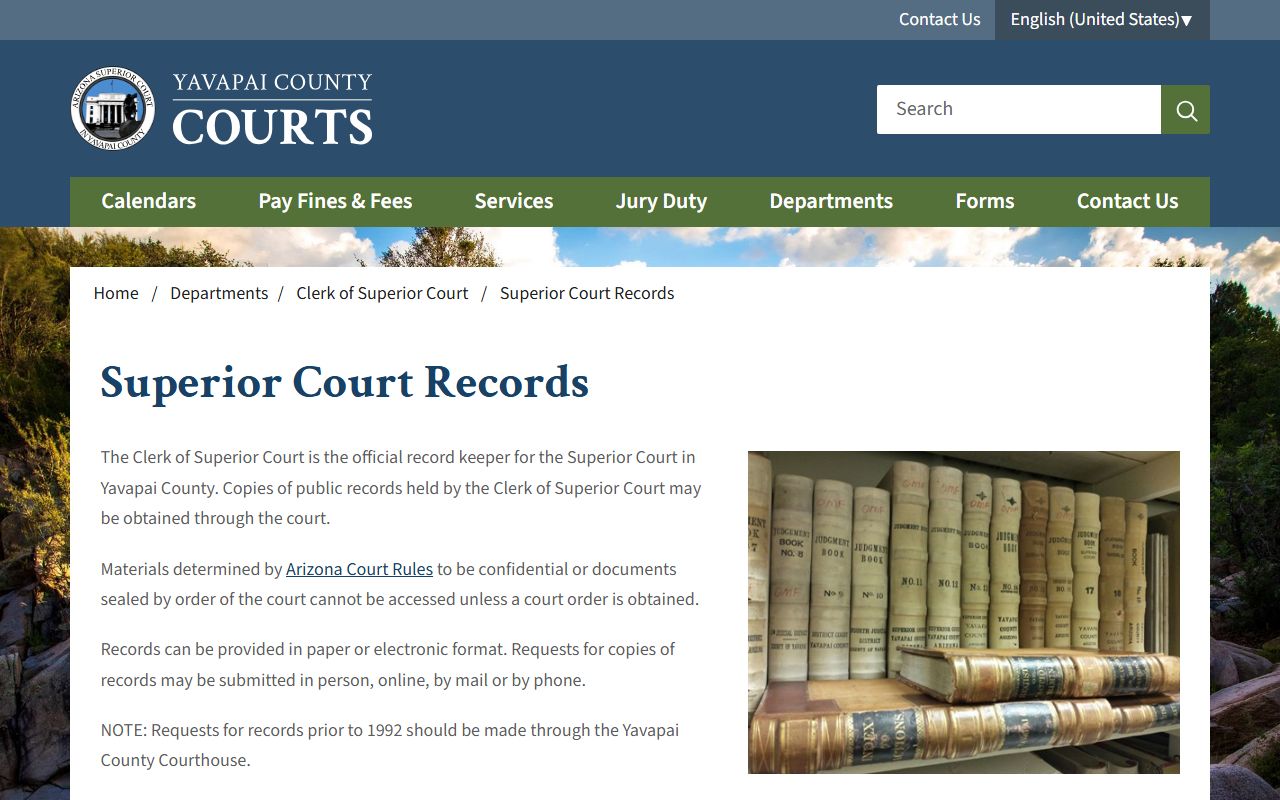 Yavapai County Superior Court records page and request information