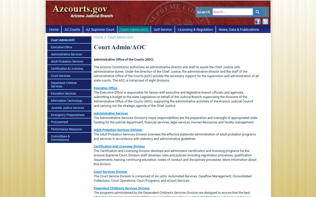 Administrative Office of the Courts website showing resources for Arizona court records