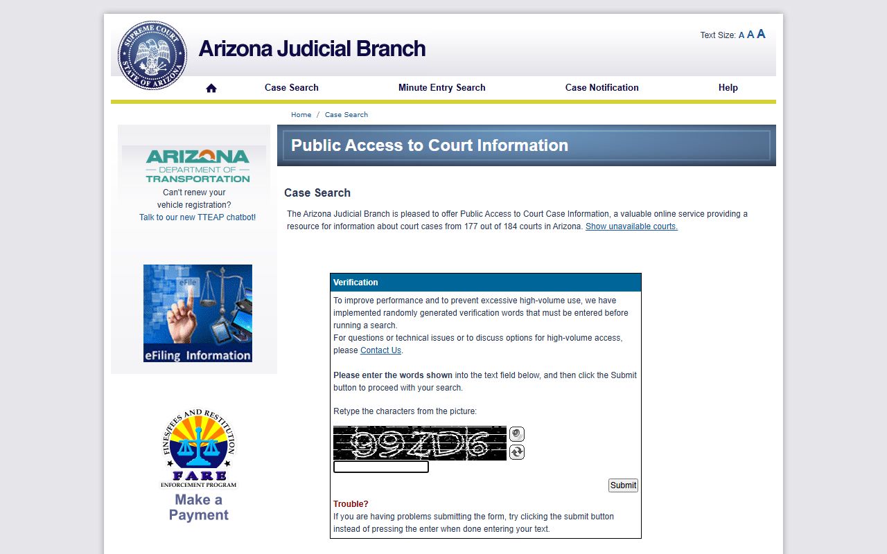 Arizona Public Access to Court Case Information portal for searching criminal records