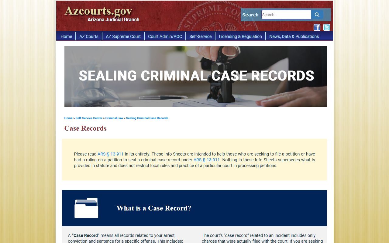 Arizona Courts Self-Service Center page about sealing criminal case records